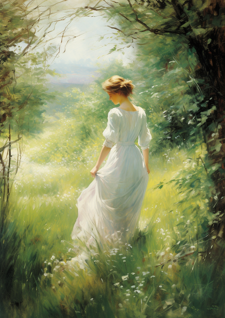 Anmutige Frau im weißen Kleid im Wald