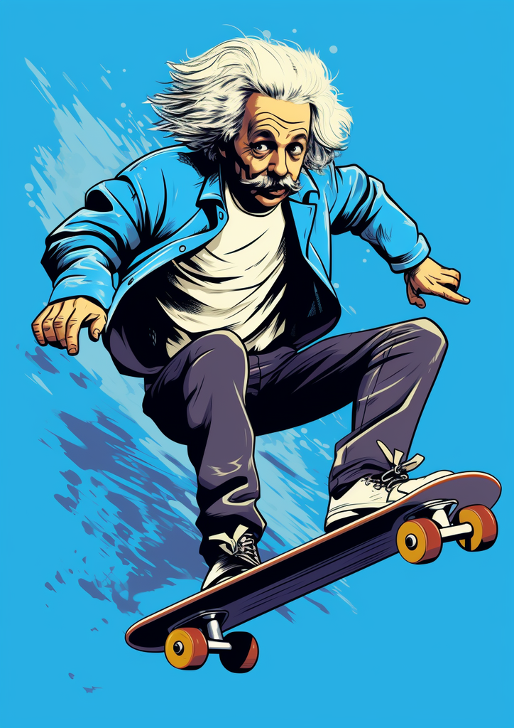 Albert Einstein auf dem Skateboard